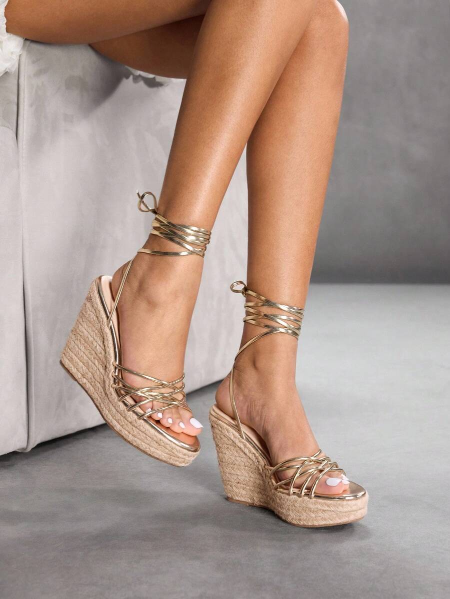CUCCOO SZL Women's Fashion Gold Slim Strap Combination Lace-Up Rope Sole Wedge Sandals, Suitable For Commuting,Dating,Party,Holiday
