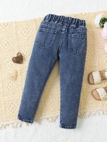 SHEIN Playful Pals Jeans para niñas, adecuados para todas las estaciones, nueva llegada, lavado de mezclilla azul claro dulce y lindo, bordado de corazón rosa, botones rosas, pierna entallada, versátil para uso diario, casual, escuela, pantalones vaqueros para niñas - Azul lavado oscuro - Ver 2