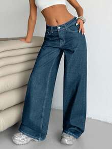EURMUSE Pantaloni casual a vita bassa e gamba ampia per donne, di colore blu scuro con etichetta sul retro e lavaggio ad acqua - Blu lavato medio - Visualizzare 5