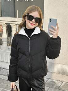 SHEIN معطف مبطن بياقة عالية مريح وعصري للفتيات المراهقات، بطول محصور وقصير، سهل الارتداء، مزود بسحاب، بتصميم بسيط وكاجوال للاستخدام اليومي، مُسمك للشتاء - الأسود - مشاهدة 5