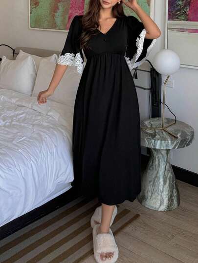 DAZY 迷人蕾丝边腰部收紧长款女式睡袍