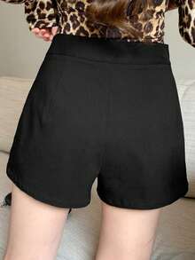 FRIFUL Women's Solid Color Casual Minimalist Design Shorts, Versatile For Daily Wear Carnival - Black - View 4