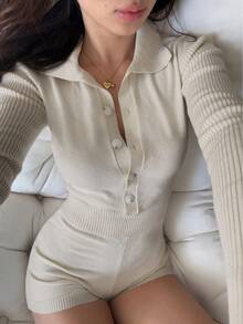 SHEIN Unity جمبسوت قصيرة كاجوال بأزرار نصفية ولون أحادي للنساء للارتداء اليومي - لون مشمشي - مشاهدة 3