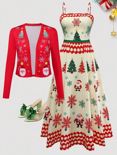 Franclia Plus Size Women Christmas Santa Claus, Christmas Tree, Snowflake & Holly Print Knit Cardigan Jacket With Slip Dress, Midi Flare Skirt, Party Holiday Christmas Star Print Vacation Outfit, Casual Christmas New Year 2pcs Set Plus Size Christmas Dress With Cardigan Set Christmas Outfit Women Winter Dresses Polka Dot Christmas Clothes