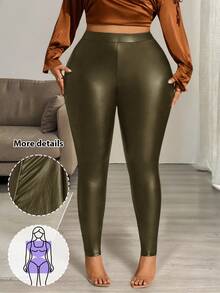 Hourglow Pantalones de otoño para mujer, pantalones de cintura alta de unicolor de piel sintética de talla grande para mujer, para la temporada de otoño/invierno, para silueta de reloj de arena - Verde - Ver 2