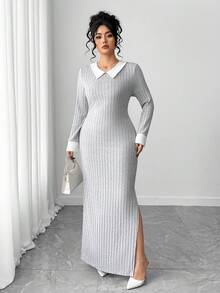 SHEIN Tall CURVE Vestido minimalista versátil de manga larga y cuello alto para mujer de talla grande, con un ajuste favorecedor apto para otoño/invierno, para uso diario - Multicolor - Ver 4