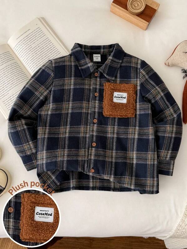 Blossori Camisa de manga larga con botones, bolsillo delantero y estampado de cuadros azules en estilo elegante francés para niños pequeños