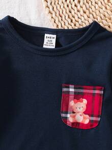女宝宝小熊格子图案海军蓝长袖上衣和裤子睡衣套装 - 寶藍色 - 查看 6
