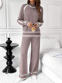 SHEIN LUNE 2件套女士休闲宽松撞色毛衣套装 - 藕粉色 - 查看 3