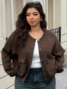 Dazy Plus Plus Size Loose Fit Solid Color Pocket Round Neck Long Sleeve Cardigan, Autumn/Winter - Coffee Brown - View 4