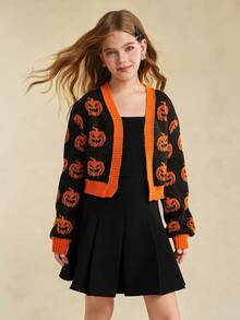 Girls' Short Halloween Graphic Cardigan, V-Neck Long Lantern Sleeve Jacket - Black - View 5