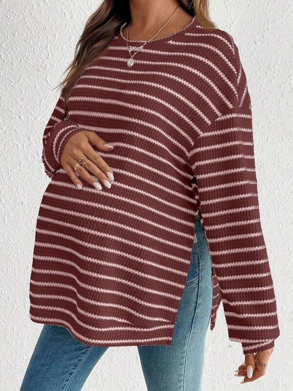 SHEIN Maternity Casual Color Block Striped Side Slit Hoodie, Autumn