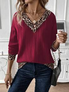 SHEIN LUNE 女士V领豹纹拼接卫衣，秋季新品系列 - 酒紅色 - 查看 3