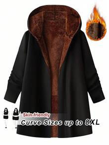 SHEIN CURVE+ Plus Size Women's Solid Color Long Sleeve Thermal Lined Casual Hoodie Jacket, Autumn/Winter - Black - View 1