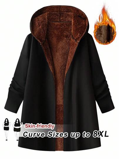 SHEIN CURVE+ Chaqueta con capucha casual de manga larga, forrada térmicamente, de unicolor, para mujer de talla grande, para otoño/invierno