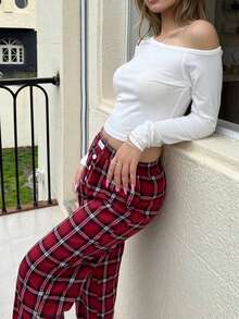 SHEIN 两件套女士性感不对称领长袖上衣和直筒格子裤蓬松舒适睡衣套装，休闲家居服秋冬保暖睡衣两件套女士家居服舒适睡裤 - 彩色 - 查看 6