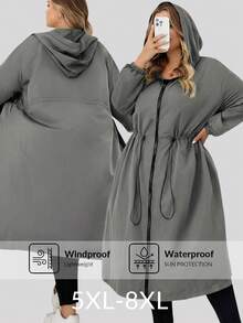 SHEIN CURVE+ Women's Solid Drawstring Hooded Waterproof Long Sleeve Trench Coat Plus Size Hooded Jacket Plus Size Raincoat Curve Fall Jacket 8xl Women Clothes Plus Size Olive Green Jacketfall Clothes For Women,Winter,CURVE PLUS Autumn/Autumn /Winter