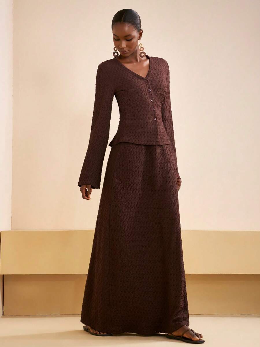 Zivah 2025 秋冬新款音乐节、复活节、圣帕特里克节、西部风、游牧风、生日派对、毕业典礼、学院风、学生装、日常休闲、基础百搭、休闲、邮轮旅行、海滩、度假、网络红、街头服饰、婚礼宾客波西米亚风、通勤、早午餐、机场、派对、节日郊游、优雅盛典 V 领长袖 TextuSkirtd 长款 A 字中长裙两件套棕色西装