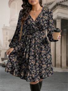 EMERY ROSE 大码女式花卉印花V领灯笼袖休闲连衣裙 - 彩色 - 查看 3