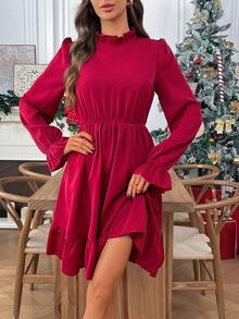 EMERY ROSE Đầm suông dài tay cổ bèo nhún màu trơn dành cho nữ - Đỏ - Xem 6