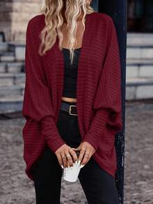 SHEIN Frenchy Women's Casual Solid Color Ribbed Batwing Sleeve Jacket, Autumn Winter Christmas Red,Fall,Fall Clothes For Women Spring Valentine's Day - Red - View 4