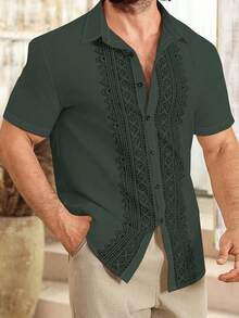 Manfinity Homme Men's Summer Solid Color Geometric Print Front Button Short Sleeve Shirt - Multicolor - View 3