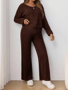 SHEIN 两件套孕妇休闲套装：圆领长袖T恤和可调节抽绳腰带宽松蝴蝶结裤 - 咖啡棕 - 查看 4