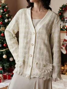 Uhlyne Chaqueta vintage de punto texturizado con cuello en V y flecos, de colores mixtos, para otoño/invierno