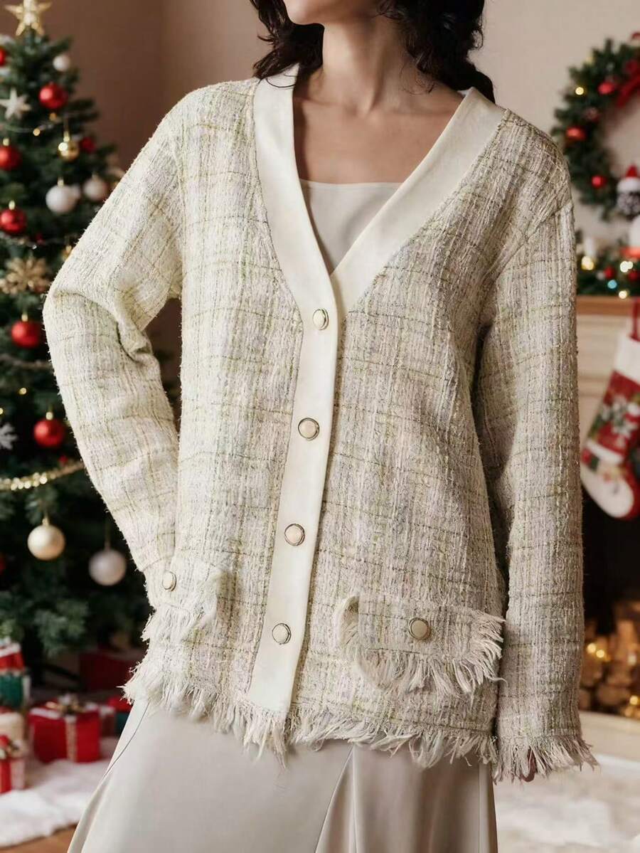 Uhlyne Chaqueta vintage de punto texturizado con cuello en V y flecos, de colores mixtos, para otoño/invierno