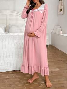 Moonlight&Mama 孕妇休闲刺绣蕾丝拼接方领长袖针织睡衣，冬季 - 藕粉色 - 查看 3