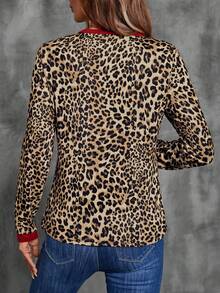 Linavere Atasan Wanita Polos Berkerah Bulat Lengan Panjang Sederhana untuk Sehari-hari, Pakaian Santai Motif Cheetah, Atasan Wanita untuk Musim Semi dan Gugur - Kuning - View 2