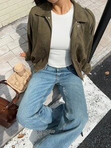Siren Gaze Women's Bomber Jacket Crop Suede Jacket Spring 2025 Oversized Long Sleeve Coats New In Coats & Jackets ,Women's Loose Short Coat Cropped Jacket Oversized Jacket Olive Green Jacket In Fall/Winter Casual Christmas - Olive Green - View 5