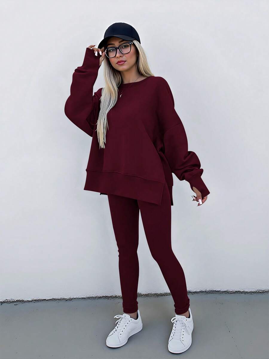INAWLY Setelan 2 Potong Atasan dan Celana Panjang Lengan Panjang Leher Bulat Minimalis Warna Polos Ukuran Plus untuk Pemakaian Sehari-hari - Burgundy - View 1
