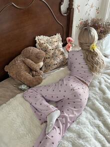 Bộ đồ ngủ áo và quần in họa tiết quả anh đào cổ chữ V ôm sát ren lãng mạn dành cho nữ CottageSlumber, trang phục mùa thu đông - Bụi hồng - Xem 2