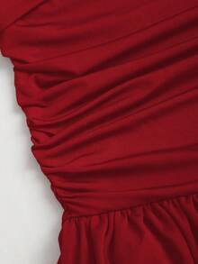 Sweetra New Fashion Lace Patchwork Oblique Shoulder Elegant Commuting Daily Wear Cinched Waist Ruffle Hem Mini Dress For Women - Rose Red - View 6