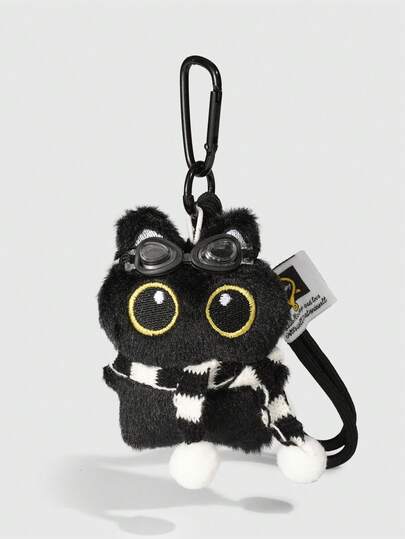 Kawaii 1pc Cute Black Pilot Cat Bag Charm, Punk Rock 3D Black Cat Keychain, Lanyard Decor Animal Birthday Holiday Gift