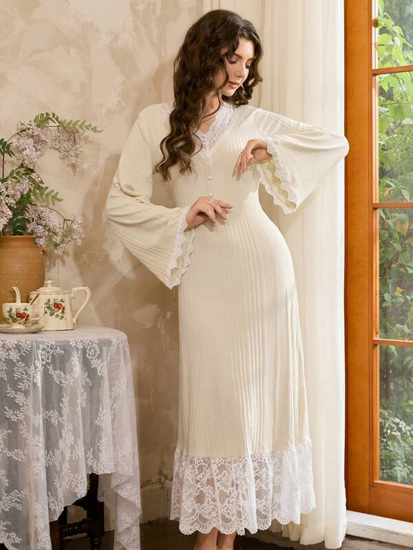 Côtesoire Camisón de mujer con diseño de cuello en V, encaje texturizado acanalado y elegante, adecuado para usar en casa