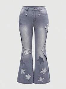ROMWE Grunge Punk Plus Size Women Grunge-Punk Commute Daily Fitted Sexy Bodycon Flare Jeans, Five-Pointed Star Wash Print Embroidery Design Denim Pants, Suitable For Commute, Music Festival, Creative Design - Multicolor - View 1
