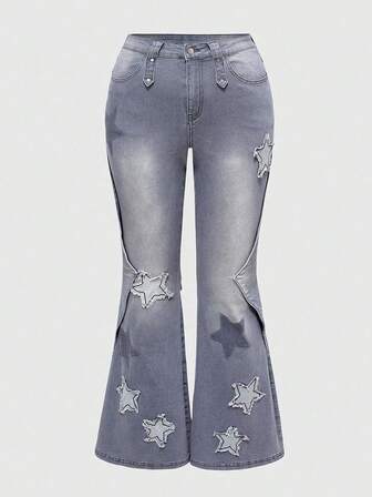 Grunge Punk Jeans a zampa di elefante aderenti e sexy da donna taglie forti, stile grunge-punk, adatti per pendolarismo e uso quotidiano, con stampa a stella e ricamo, ideali per pendolarismo, festival musicali e design creativo