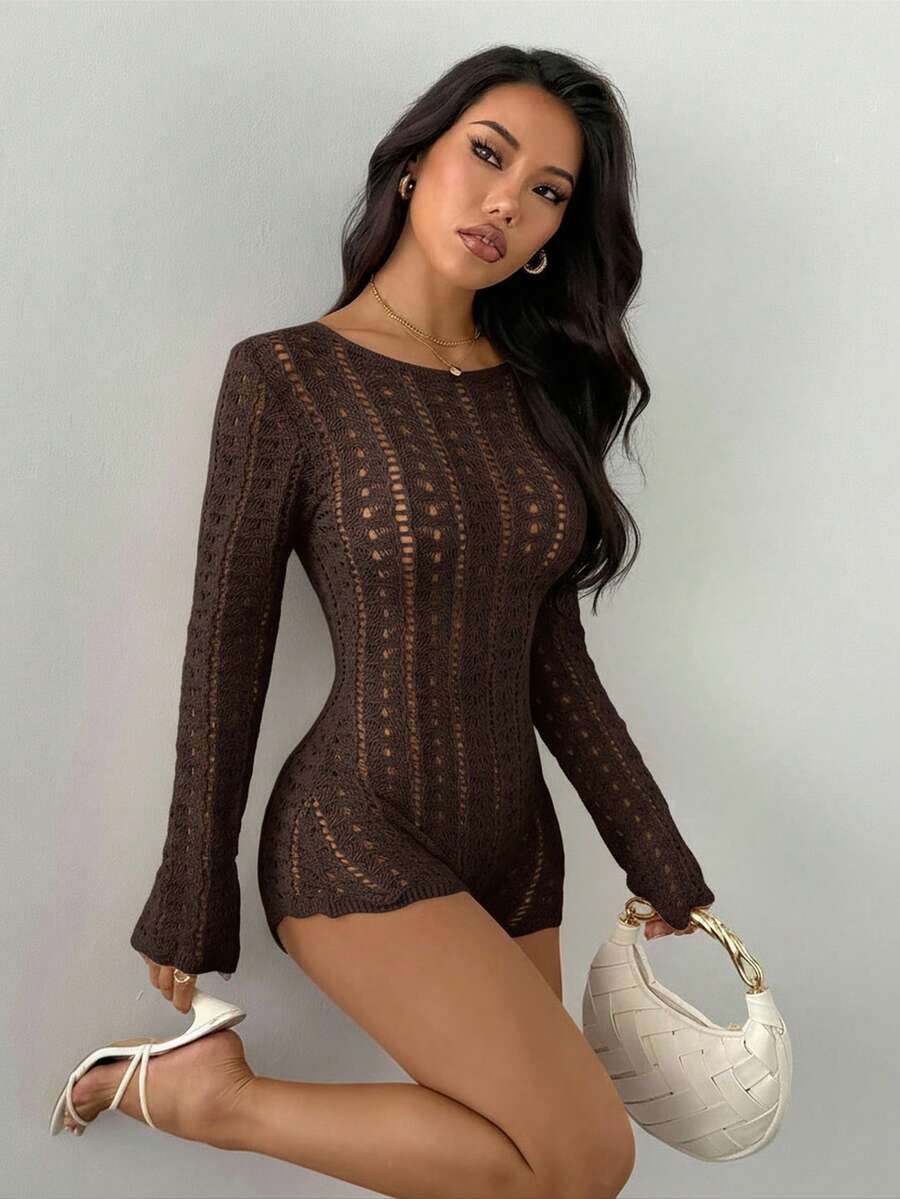 SHEIN PETITE 女士性感纯色镂空露背棕色针织连体裤，适合度假海滩穿着，夏季、秋季、冬季皆宜。 - 棕色 - 查看 1