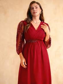 Flouryn Plus Size Women Elegant V-Neck Sequin Lace Patchwork Long Sleeve, Waist Cinched A-Line Long Black Chiffon Dress Suitable For Party, Gathering - Red - View 4