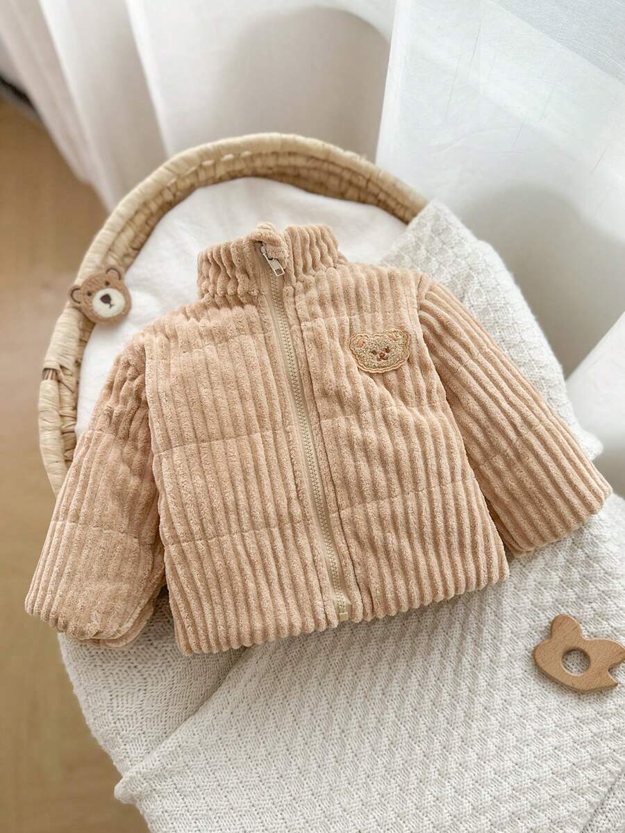 Bébé garçon/unisexe Manteau matelassé zippé avec col montant en velours côtelé, broderie d'ours, doublure matelassée, adapté pour l'automne/l'hiver, mode décontractée, dessin animé mignon et polyvalent - Kaki - Voir 1