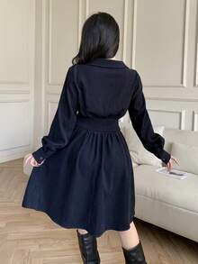 Feyla Casual Versatile Commuter Women Shirt Dress Navy Blue Elegant Dress Dark Blue Dress Collared Dress French Style Dress Long Sleeve Dresses Woman Winter Clothes For Women - Navy Blue - View 6