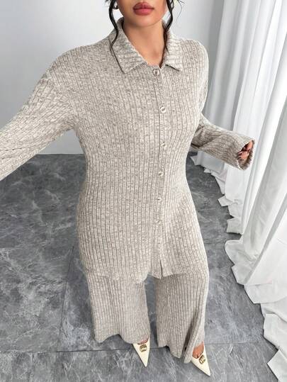 Modelyn Damen Große Größen Einfarbiges Kleid, Drop-Shoulder Langarm Einreihiger Bademantel und Hose Set im Arabischen Stil