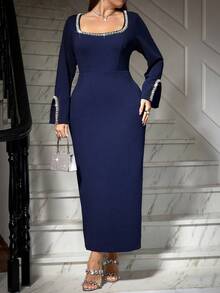 大码女式亮片拼接方领长袖修身优雅连衣裙 - 藏蓝色 - 查看 6