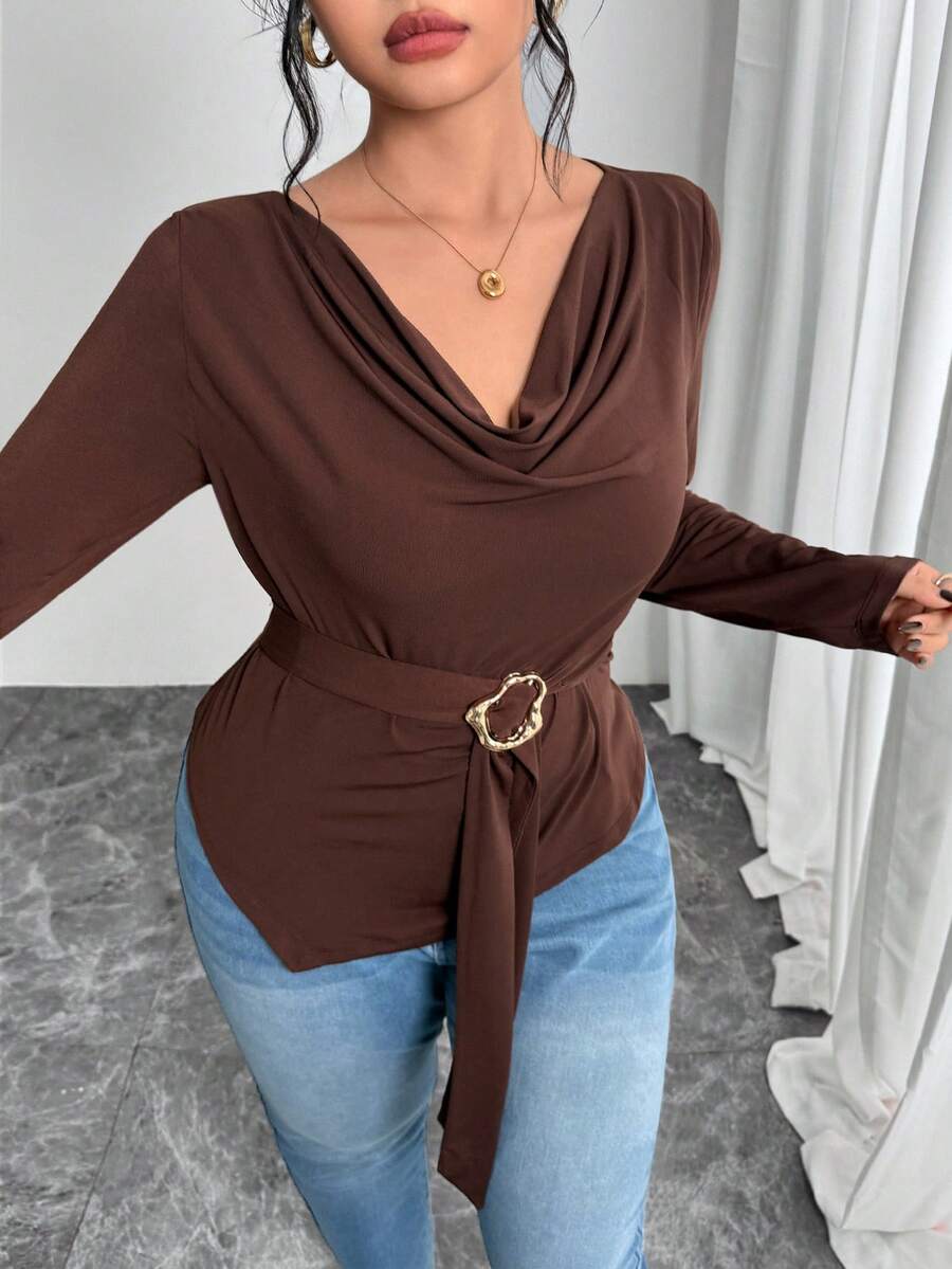 Feyla Plus Size Solid Color Minimalist Scoop Neck Long Sleeve T-Shirt - Coffee Brown - View 1