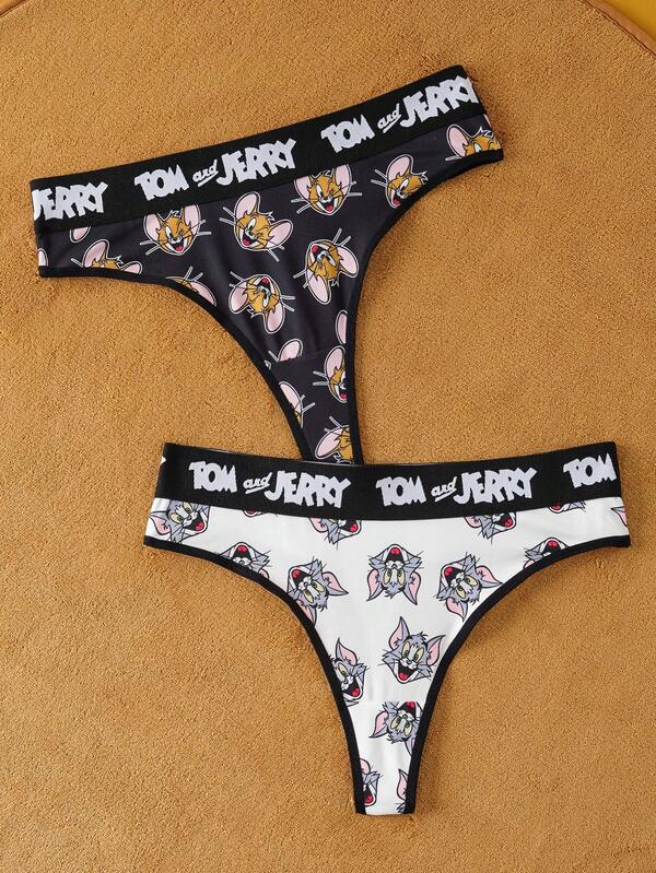 TOM & JERRY X SHEIN 2条装女士黑白卡通印花撞色字母带性感丁字裤，可爱、柔软、舒适，甜美可爱，卡通图案，女士丁字裤，卡通印花丁字裤