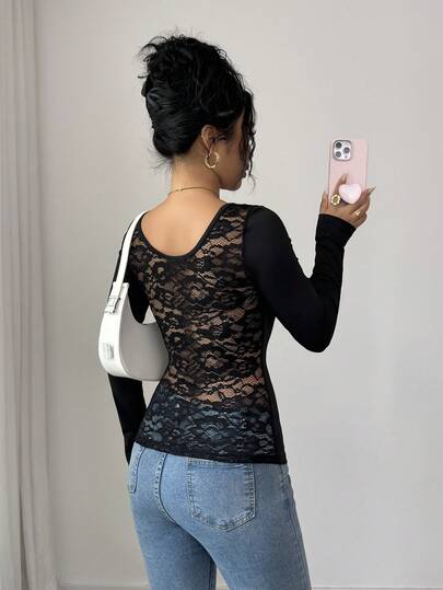 SHEIN PETITE PETITE Women's Fashion Casual Round Neck Sexy Lace Patchwork Fitted Long Sleeve T-Shirt, Suitable For Spring & Autumn, Date
