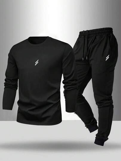 Manfinity Sport Corelite Men's Sports Set, Long Sleeve T-Shirt And Pants With Fashion Logo Gym Clothes Men Set Gym Sets Long Sleeve Sweat Set