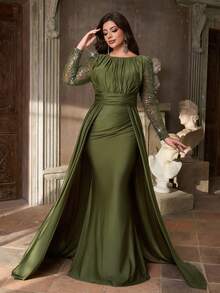 Aureia Plus-Size Elegant Olive Green Winter Formal Evening Formal Dress,Luxurious Sequined Satin Round Collar Gathered Waist Slim Fit Fishtail Hem,Draped - Green - View 2